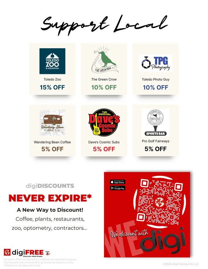 A Support Local flyer with six local businesses and their discounts